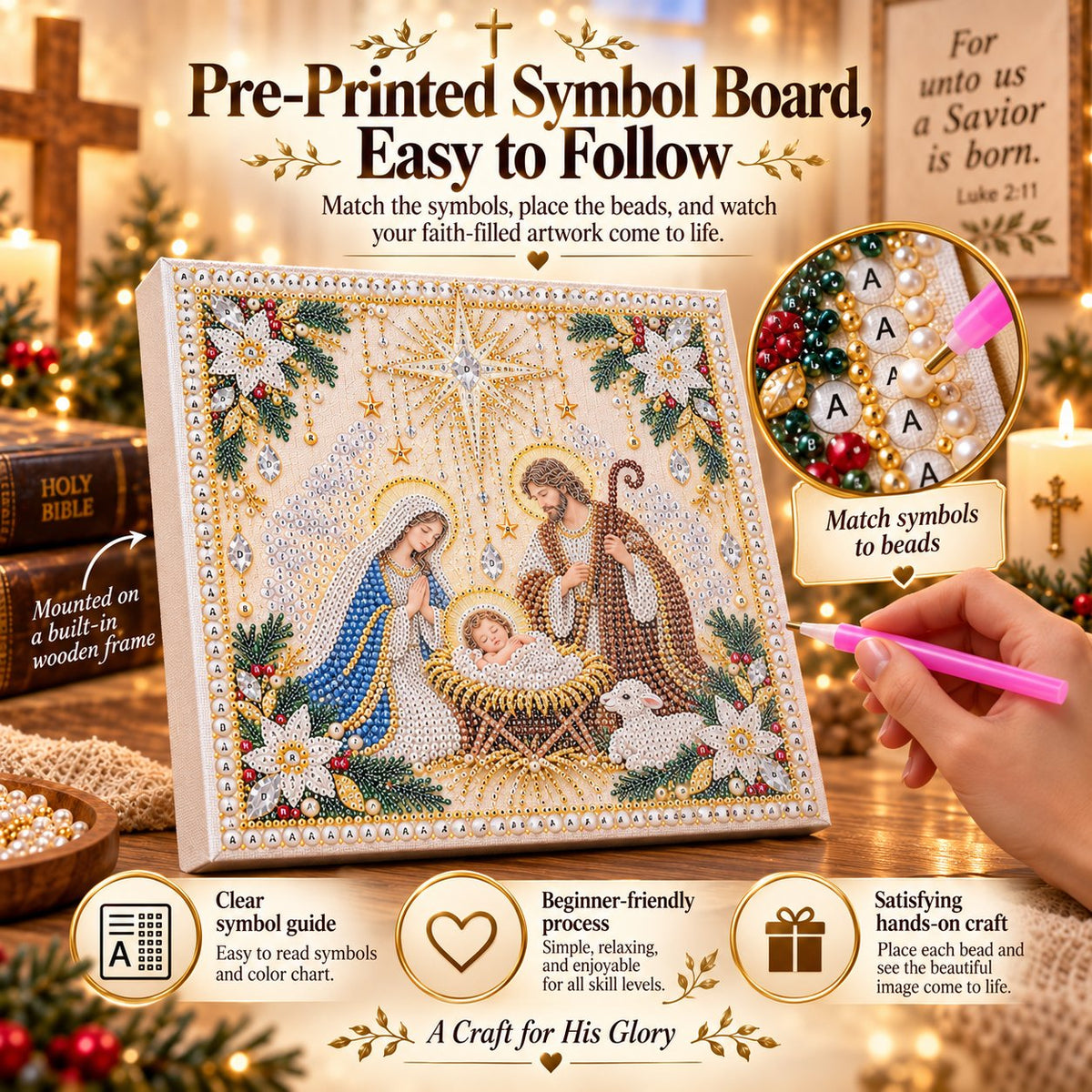⏳ Last Day 75% OFF – ✝️ Beginner-Friendly Christian Pearl Bead Art Kit | Pre-Printed Design with Built-In Wooden Frame & Complete Tools 💕