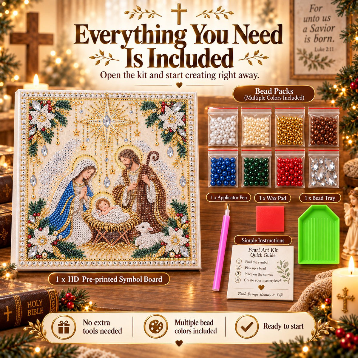 ⏳ Last Day 75% OFF – ✝️ Beginner-Friendly Christian Pearl Bead Art Kit | Pre-Printed Design with Built-In Wooden Frame & Complete Tools 💕
