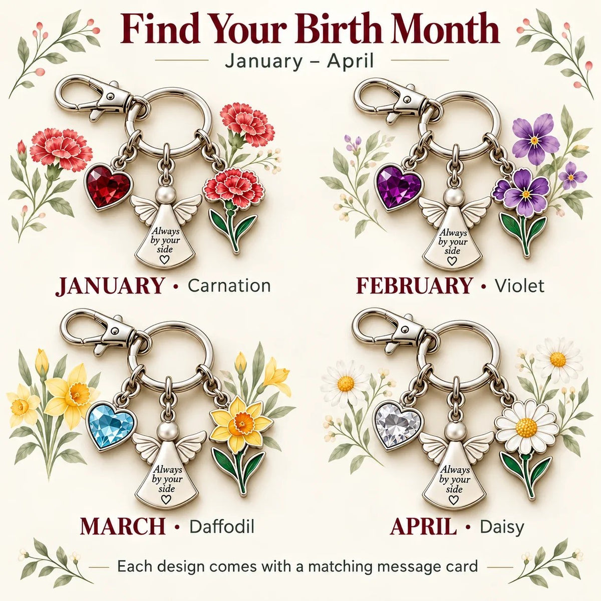 🔥Last Day Only$13.99👼 Always By Your Side: Birth Month Angel & Flower Keychain + Keepsake Card 🌸