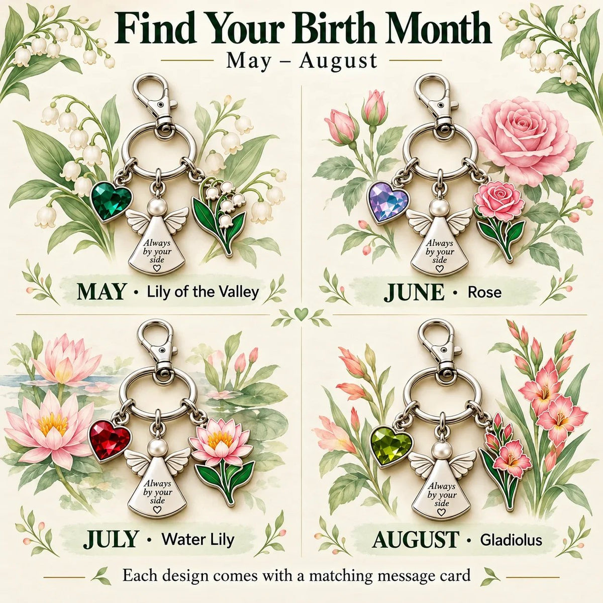 🔥Last Day Only$13.99👼 Always By Your Side: Birth Month Angel & Flower Keychain + Keepsake Card 🌸