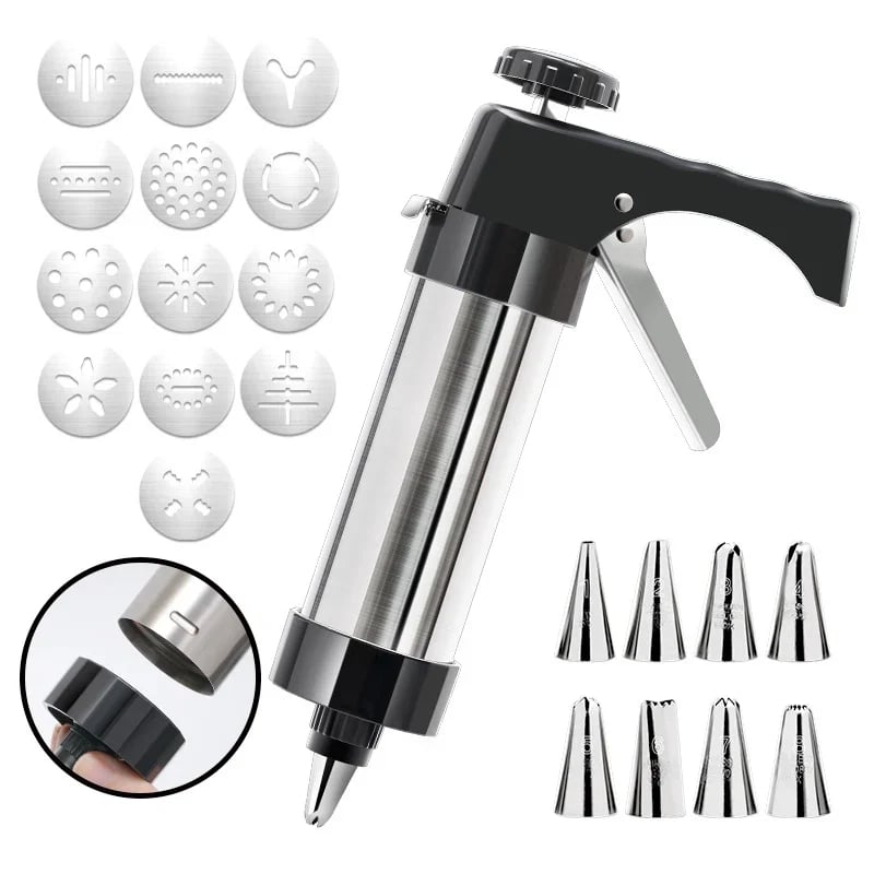 🍪 Stainless Steel Cookie Press & Decorating Kit | 13 Cookie Discs + 8 Icing Tips for Cookies, Cupcakes & Cakes 🧁