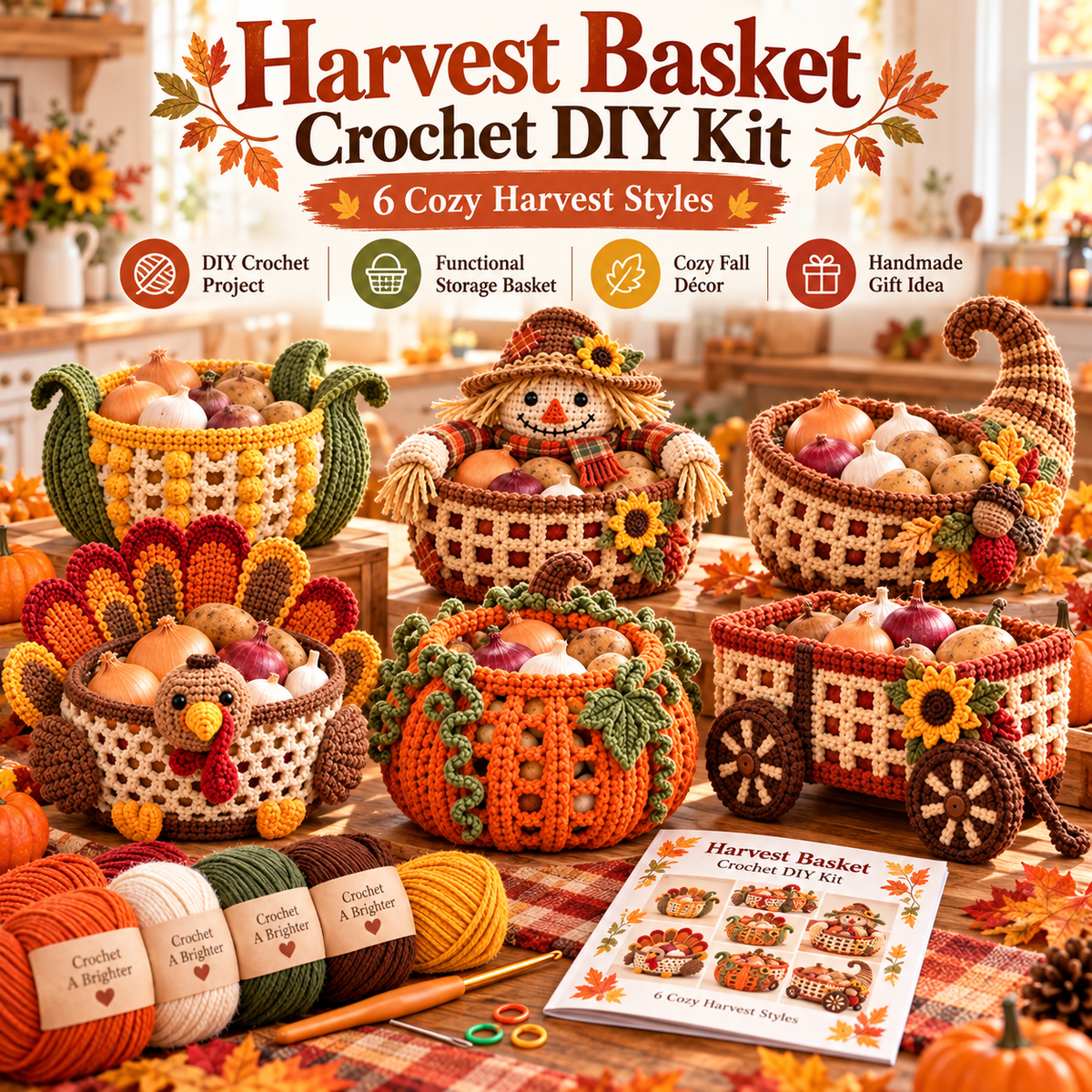 🍂🧶 Harvest Basket Crochet DIY Kit – Charming Vegetable Storage & Fall Décor