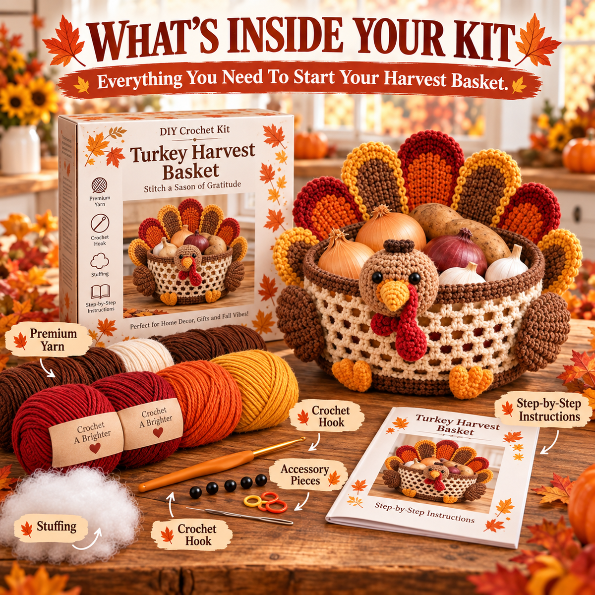 🍂🧶 Harvest Basket Crochet DIY Kit – Charming Vegetable Storage & Fall Décor