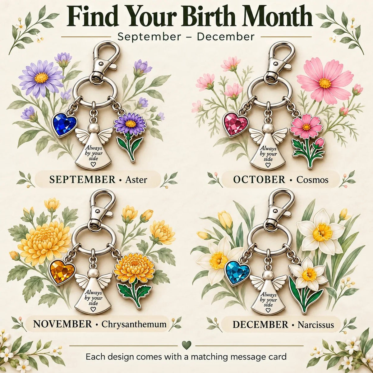 🔥Last Day Only$13.99👼 Always By Your Side: Birth Month Angel & Flower Keychain + Keepsake Card 🌸