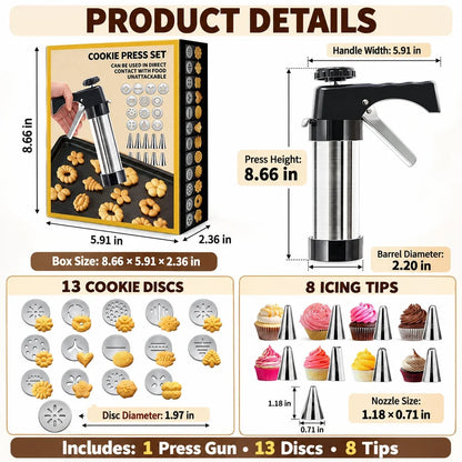 🍪 Stainless Steel Cookie Press & Decorating Kit | 13 Cookie Discs + 8 Icing Tips for Cookies, Cupcakes & Cakes 🧁