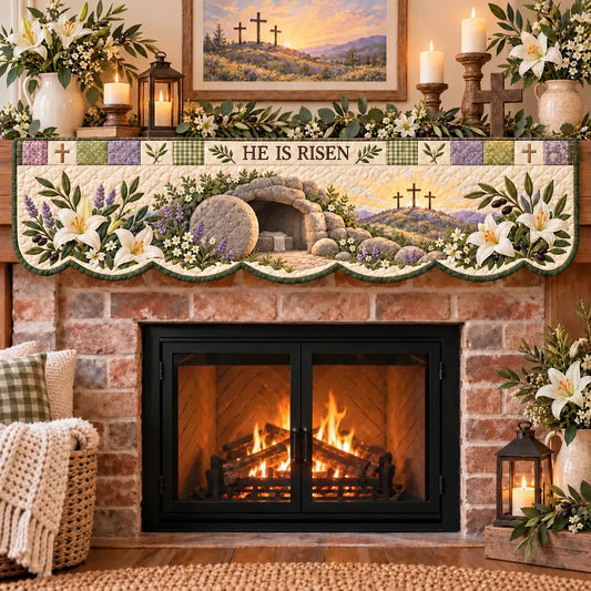 ⏳ Last Day 49% OFF – ✝️ Easter Faith Quilted Mantel Scarf | Patchwork Christian Fireplace Décor for Spring & Easter 🌷