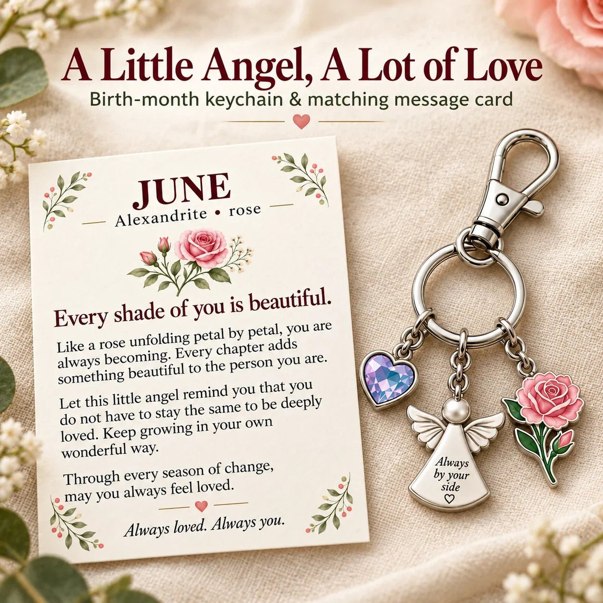 🔥Last Day Only$13.99👼 Always By Your Side: Birth Month Angel & Flower Keychain + Keepsake Card 🌸